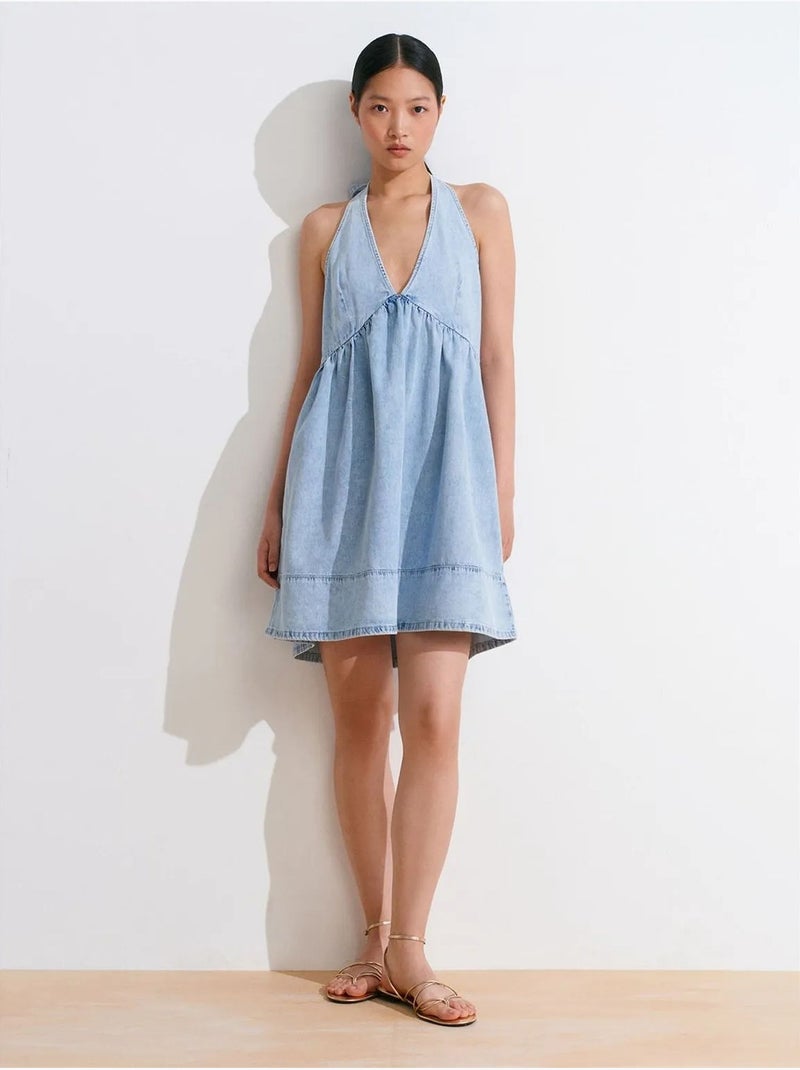 DILVIN Robe Courte En Denim De Coton À Col Halter Bleu roi - Kiabi