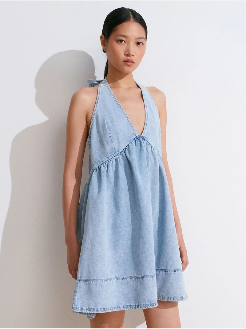 DILVIN Robe Courte En Denim De Coton À Col Halter Bleu roi - Kiabi