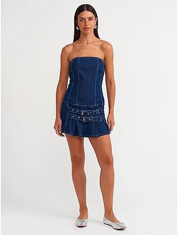 DILVIN Robe Courte En Denim Sans Bretelles Avec Ceinture