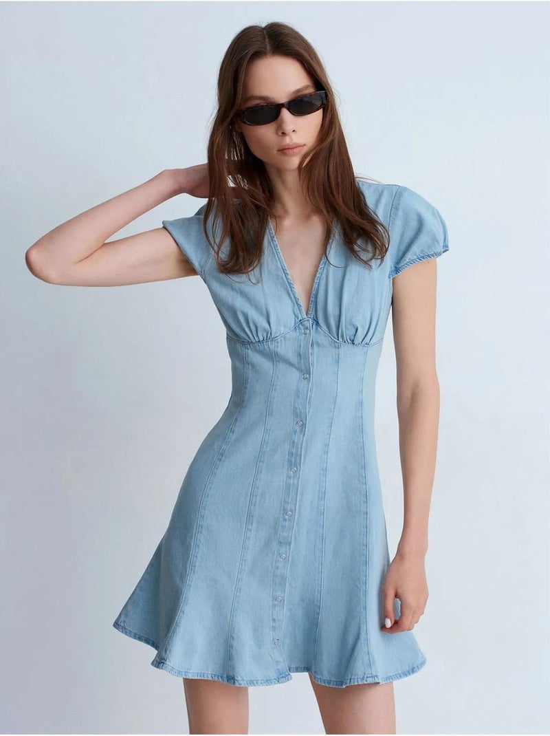 DILVIN Robe Courte En Denim Trapèze Bleu clair - Kiabi