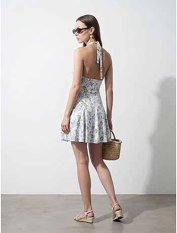 DILVIN Robe Courte Patineuse À Col Licou Et Fleurs