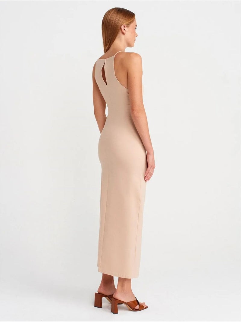 Dilvin robe midi moulante à col halter et fente Beige argile - Kiabi