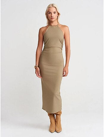 DILVIN Robe Midi Moulante À Col Halter
