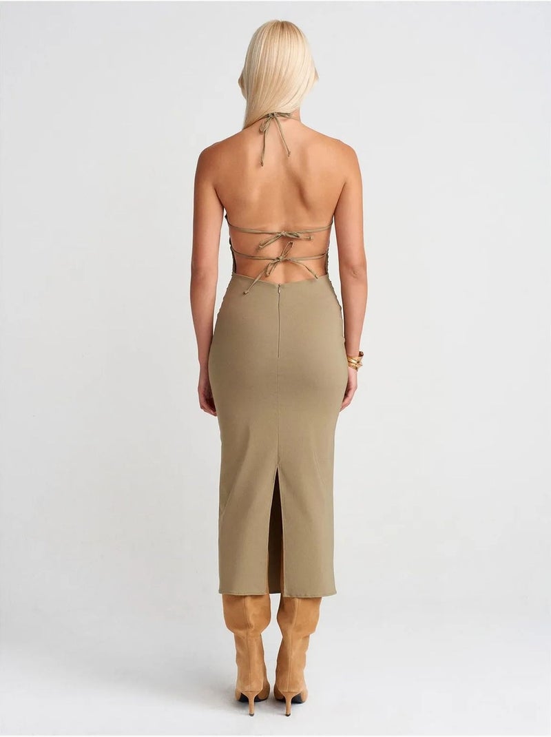 DILVIN Robe Midi Moulante À Col Halter Kaki - Kiabi