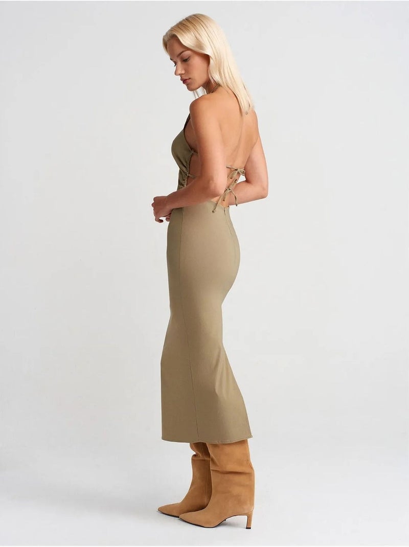 DILVIN Robe Midi Moulante À Col Halter Kaki - Kiabi