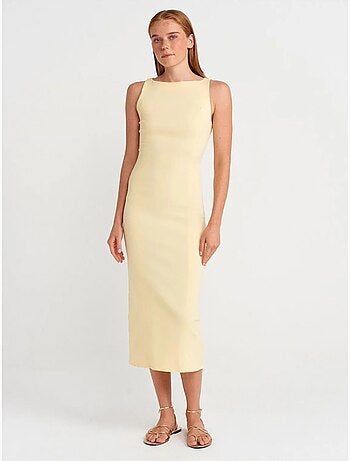 DILVIN Robe Midi Moulante Sans Manches Avec Fente