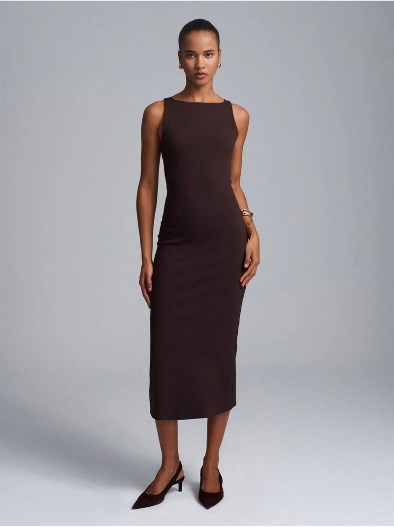 DILVIN Robe Midi Moulante Sans Manches Avec Fente Marron foncé - Kiabi
