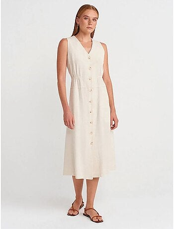 Dilvin robe midi sans manches à col v et boutons