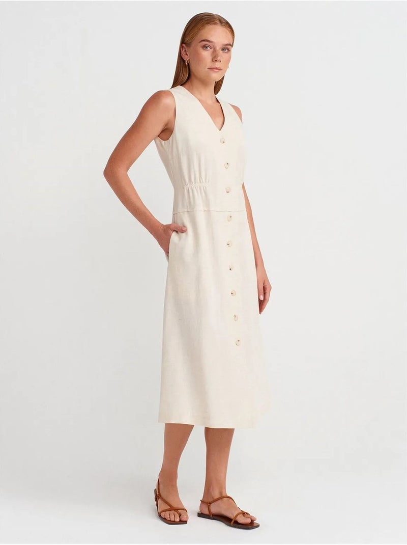 Dilvin robe midi sans manches à col v et boutons Crème - Kiabi