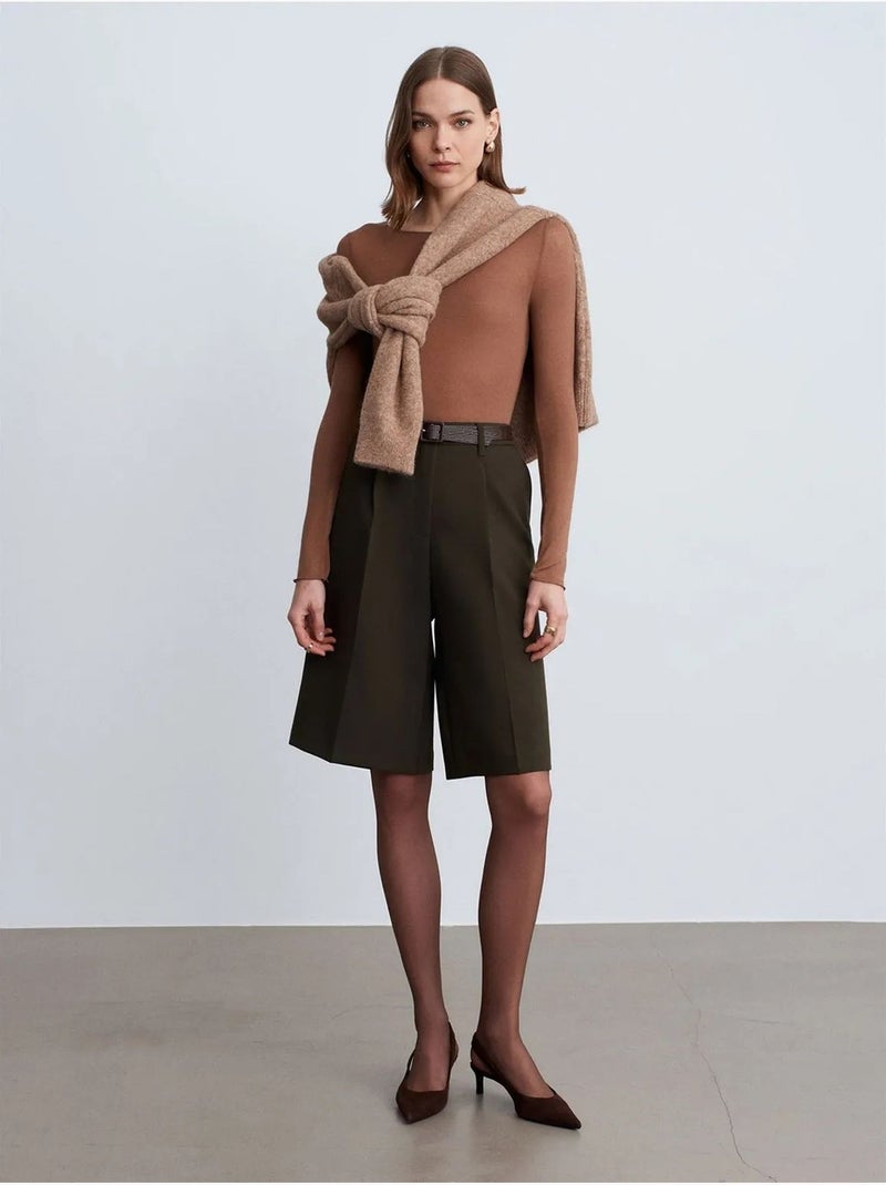 DILVIN Short À Taille Haute, Ceinture Et Jambe Large Vert kaki - Kiabi