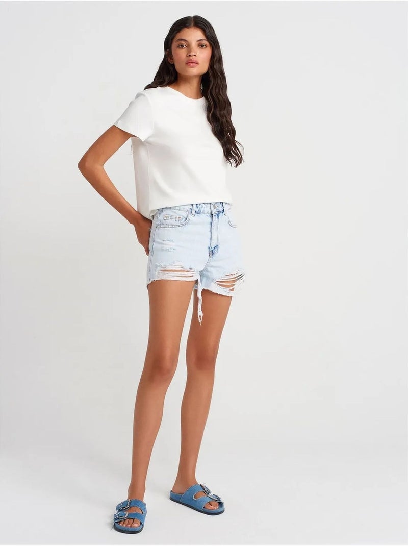 DILVIN Short En Denim À Taille Haute Pour Femme Bleu clair - Kiabi