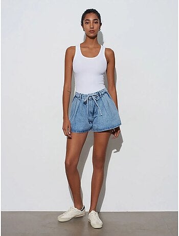 Dilvin short en denim de coton à taille haute et jambe large