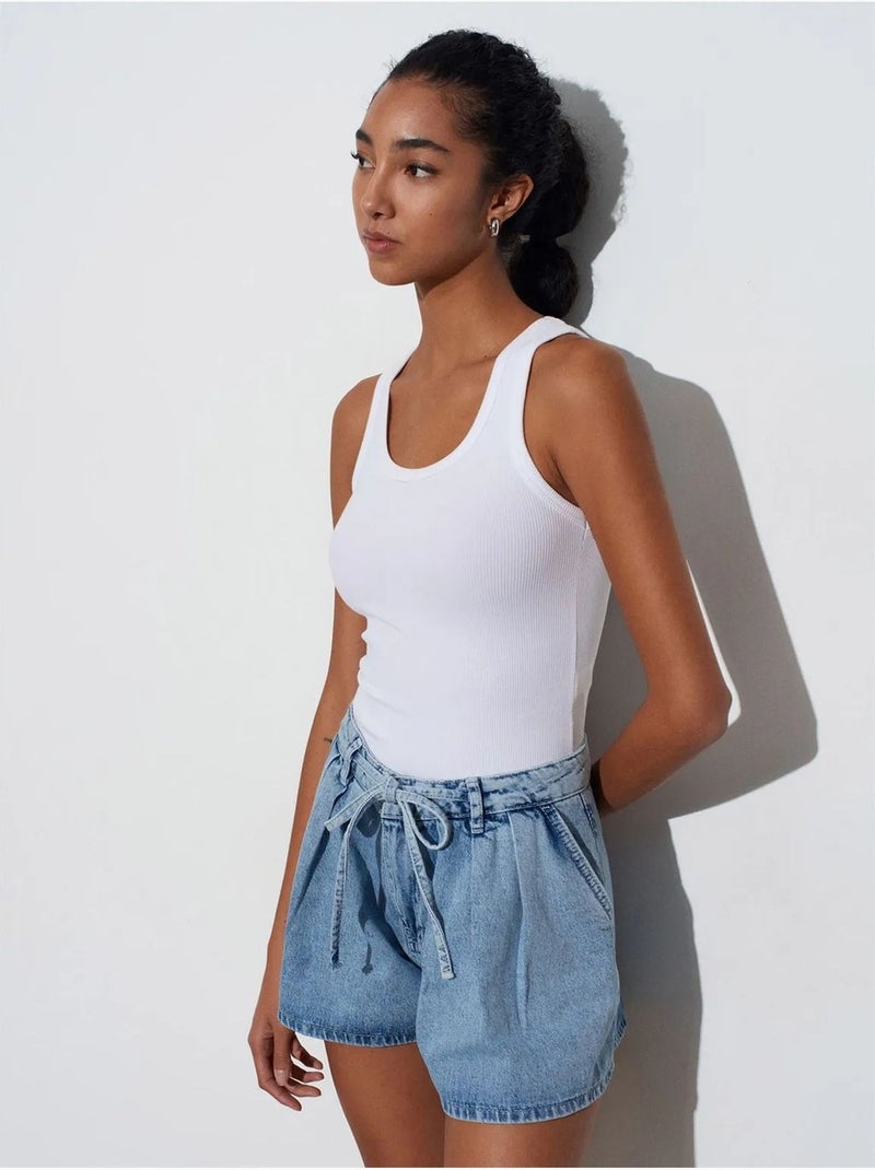 Dilvin short en denim de coton à taille haute et jambe large Bleu saphir - Kiabi