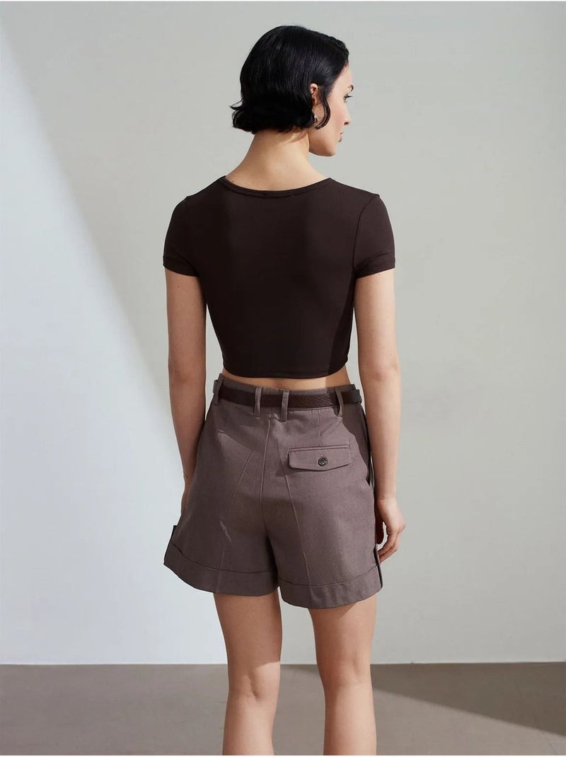 DILVIN Short En Popeline Taille Haute Avec Ceinture Taupe - Kiabi