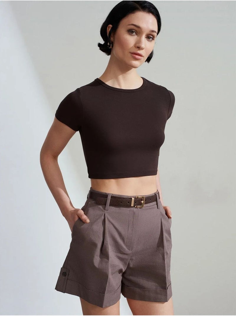 DILVIN Short En Popeline Taille Haute Avec Ceinture Taupe - Kiabi