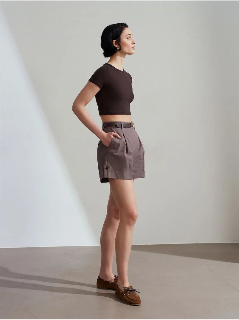 DILVIN Short En Popeline Taille Haute Avec Ceinture Taupe - Kiabi