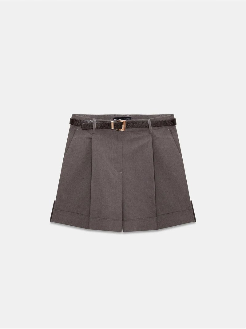 DILVIN Short En Popeline Taille Haute Avec Ceinture Taupe - Kiabi