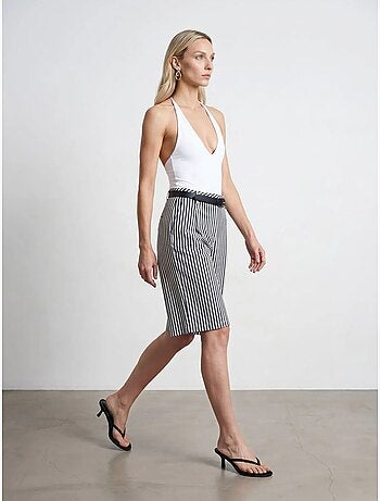 DILVIN Short Femme Taille Haute À Rayures Avec Ceinture