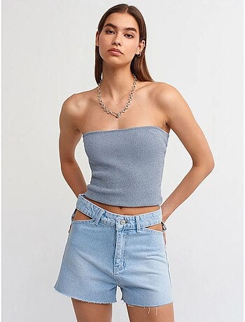 DILVIN Short Mom En Denim De Coton À Taille Haute Et Découpe