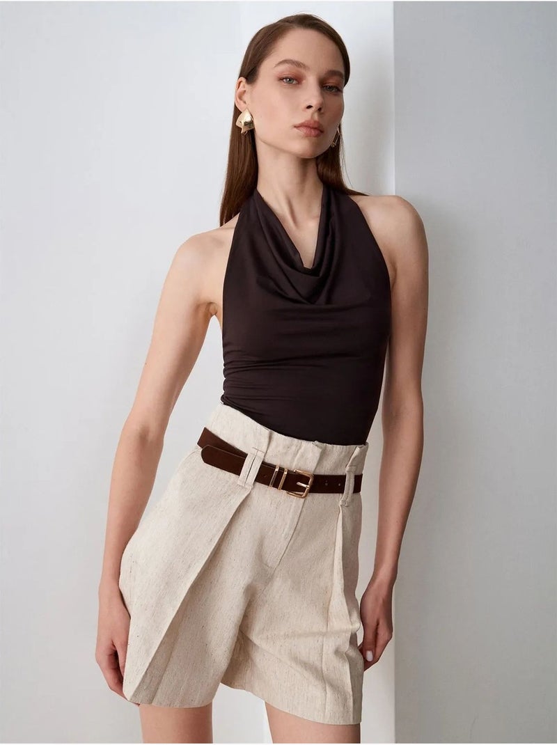 DILVIN Short Tailleur À Taille Haute Et Ceinture Beige - Kiabi