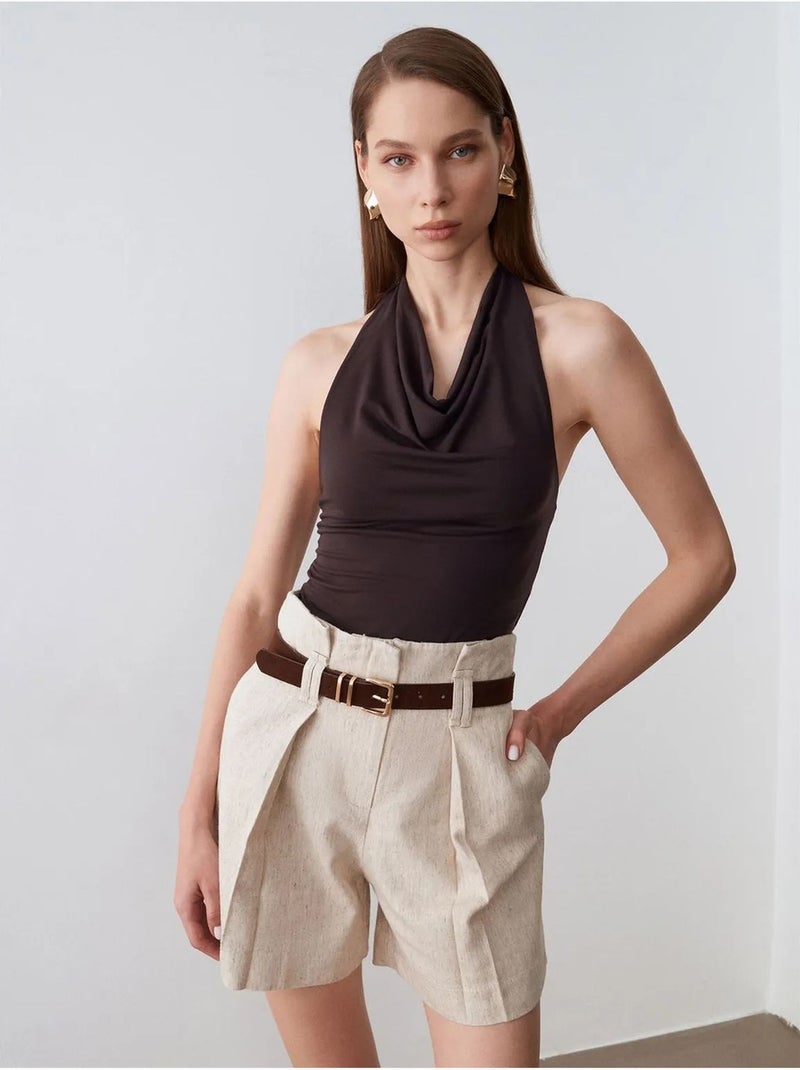 DILVIN Short Tailleur À Taille Haute Et Ceinture Beige - Kiabi