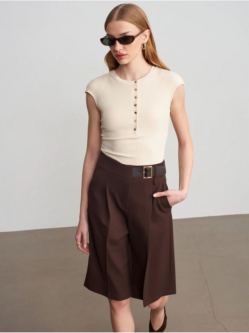 DILVIN Short Tailleur À Taille Haute Et Ceinture Marron chocolat - Kiabi