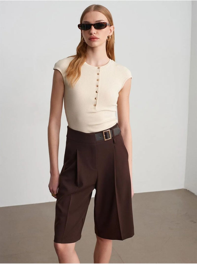 DILVIN Short Tailleur À Taille Haute Et Ceinture Marron chocolat - Kiabi