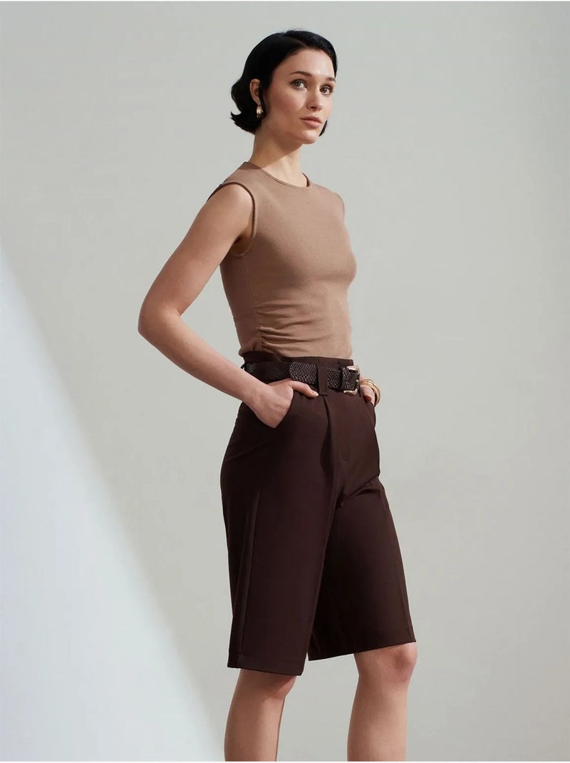 DILVIN Short Tailleur À Taille Haute Et Ceinture Marron chocolat - Kiabi