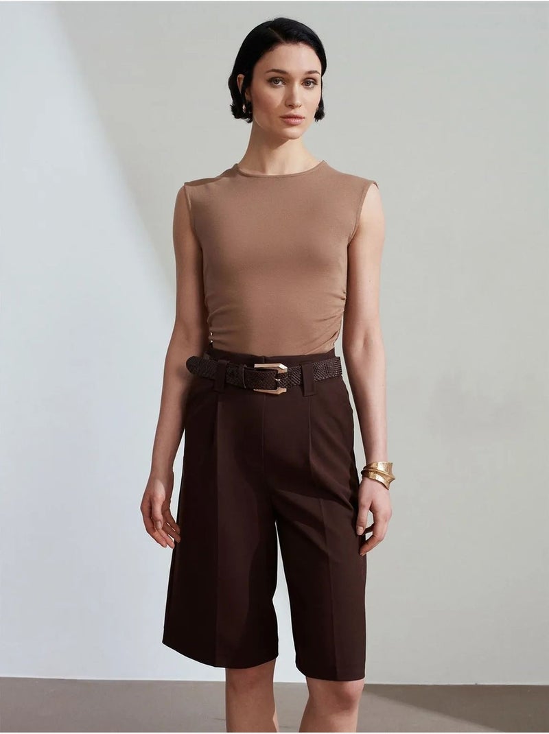 DILVIN Short Tailleur À Taille Haute Et Ceinture Marron chocolat - Kiabi