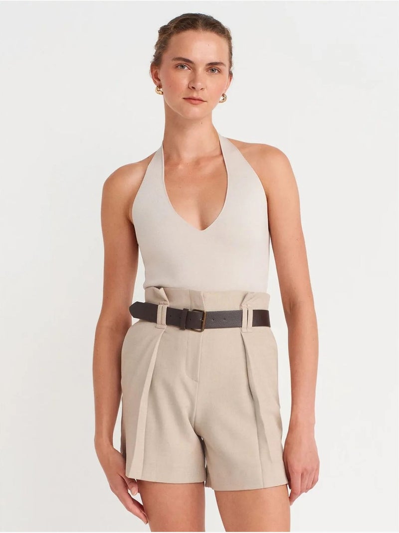 DILVIN Short Tailleur En Crêpe Avec Ceinture Beige - Kiabi