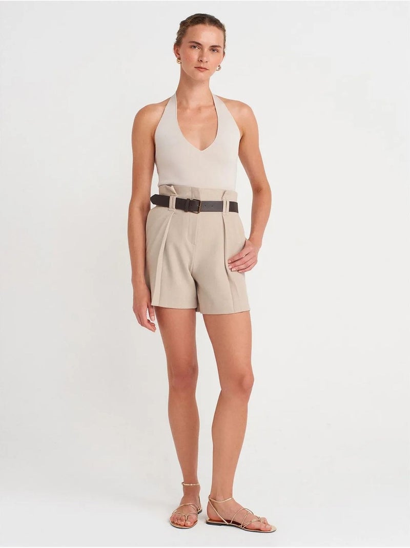 DILVIN Short Tailleur En Crêpe Avec Ceinture Beige - Kiabi