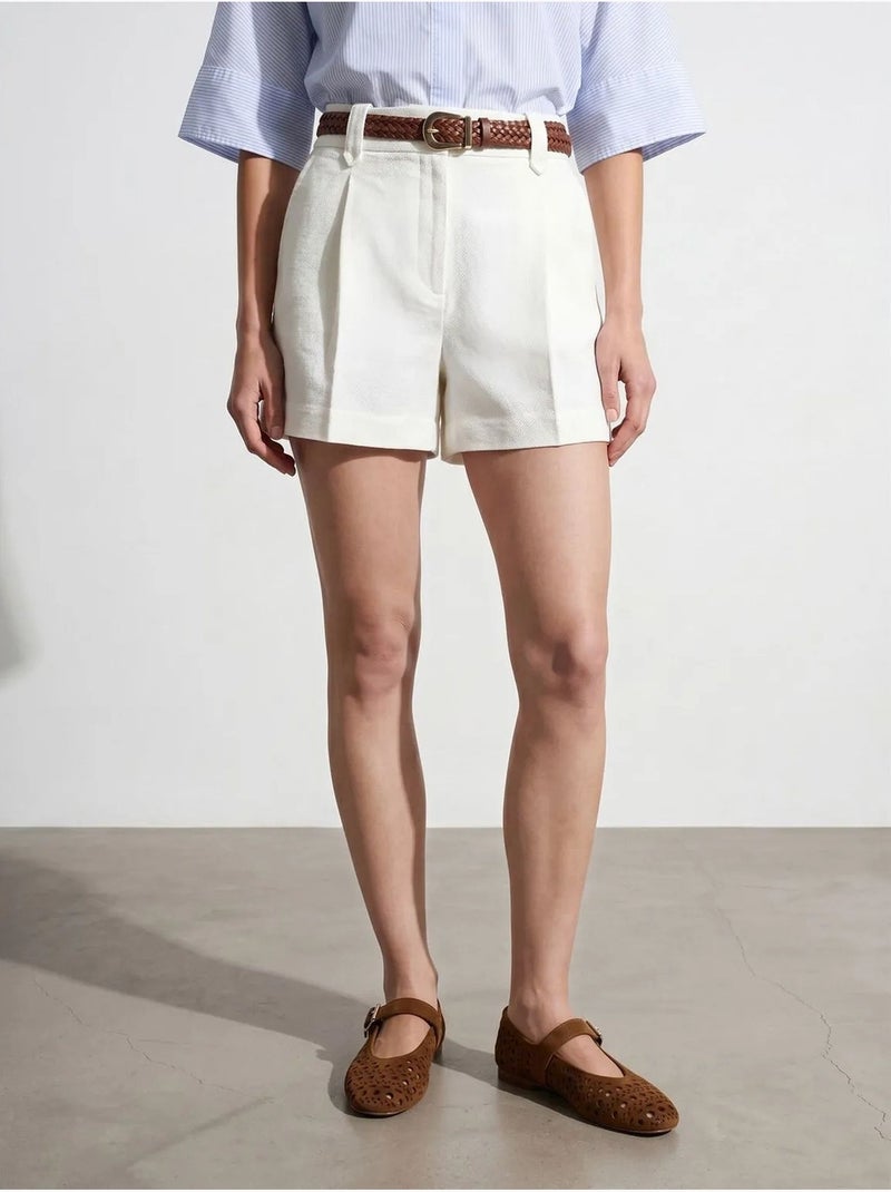DILVIN Short Tailleur En Popeline De Coton À Taille Haute Et Ceinture Blanc cassé - Kiabi