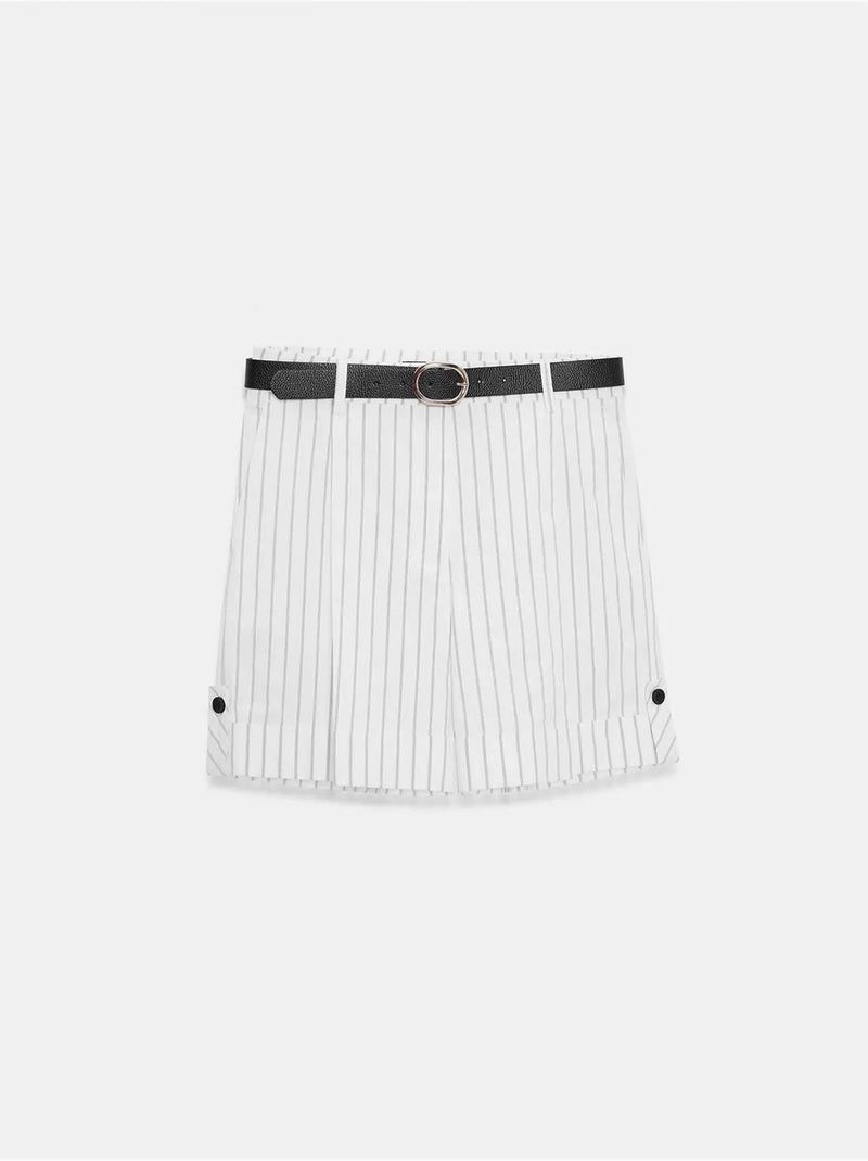 DILVIN Short Tailleur Rayé À Taille Haute Et Ceinture Blanc cassé - Kiabi