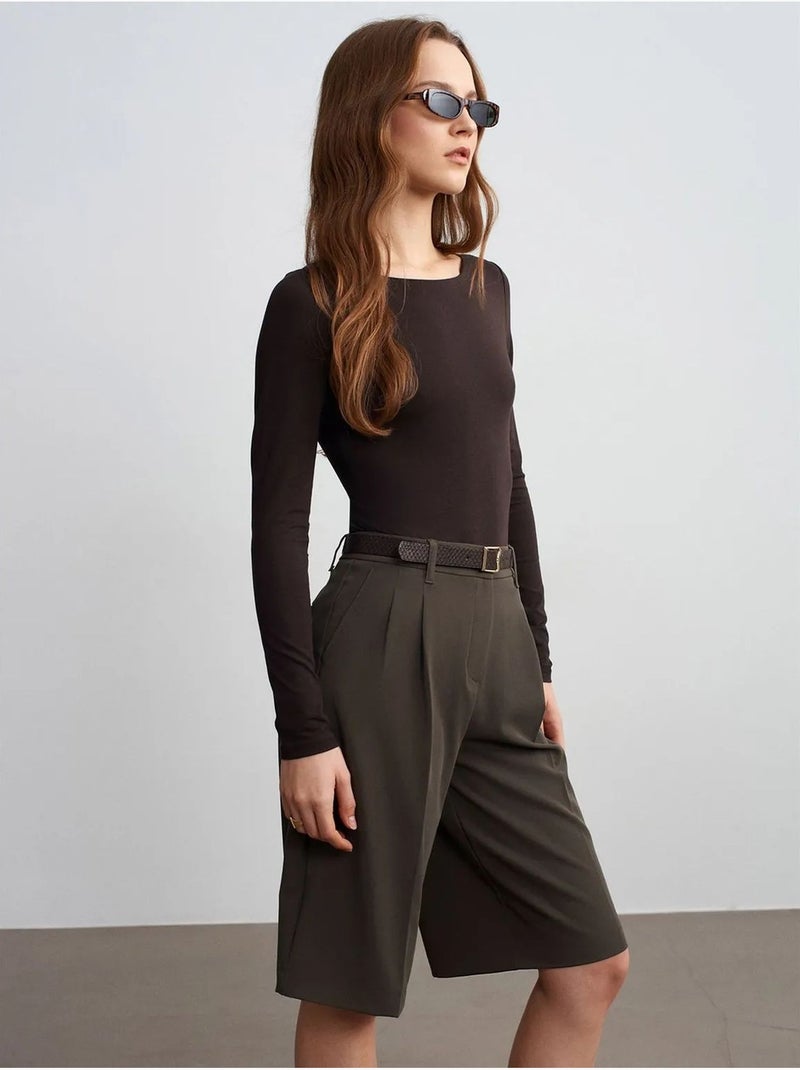 DILVIN Short Tailleur Tissé À Taille Haute Et Ceinture Vert kaki - Kiabi