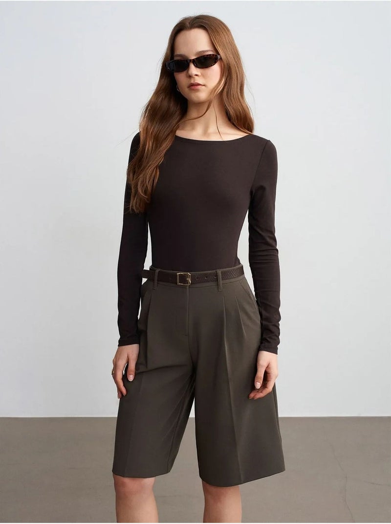 DILVIN Short Tailleur Tissé À Taille Haute Et Ceinture Vert kaki - Kiabi