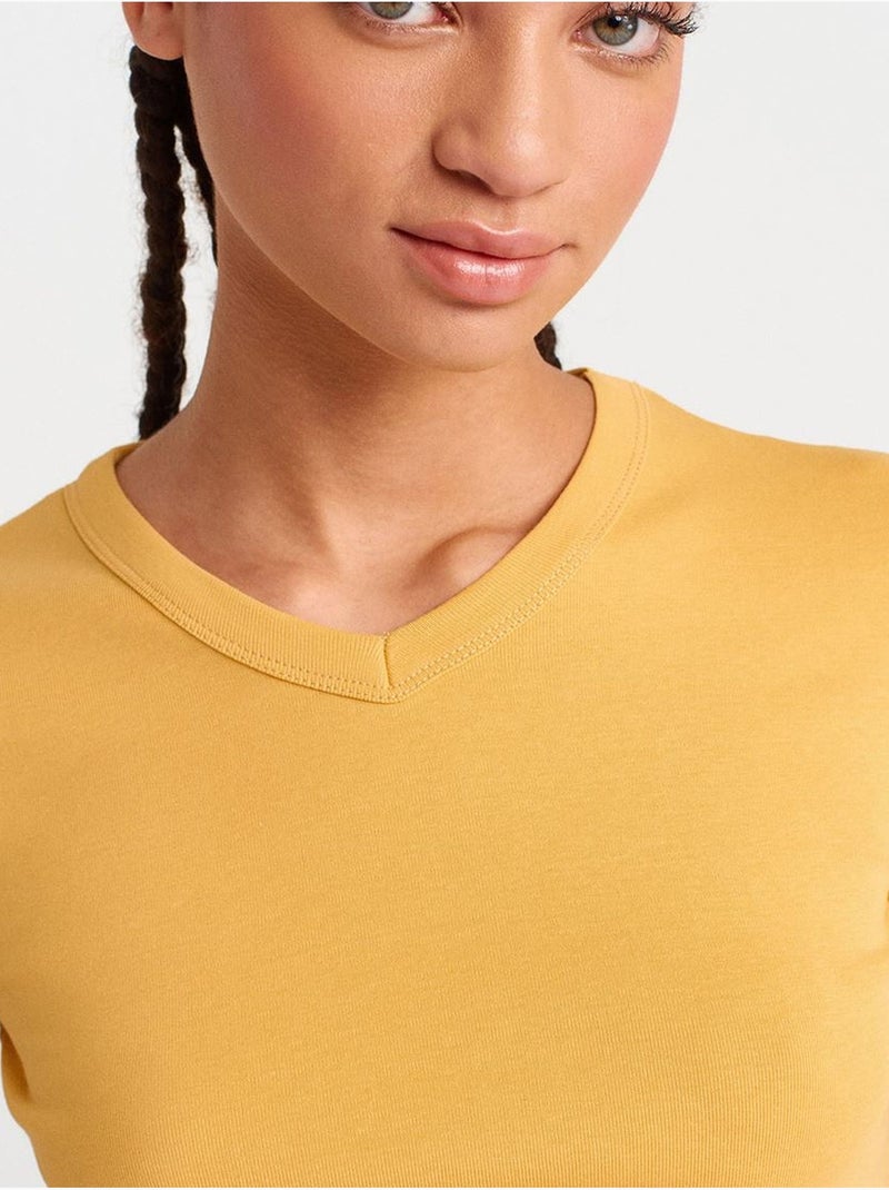 DILVIN T-shirt Ajusté En Coton À Col V Ambre - Kiabi