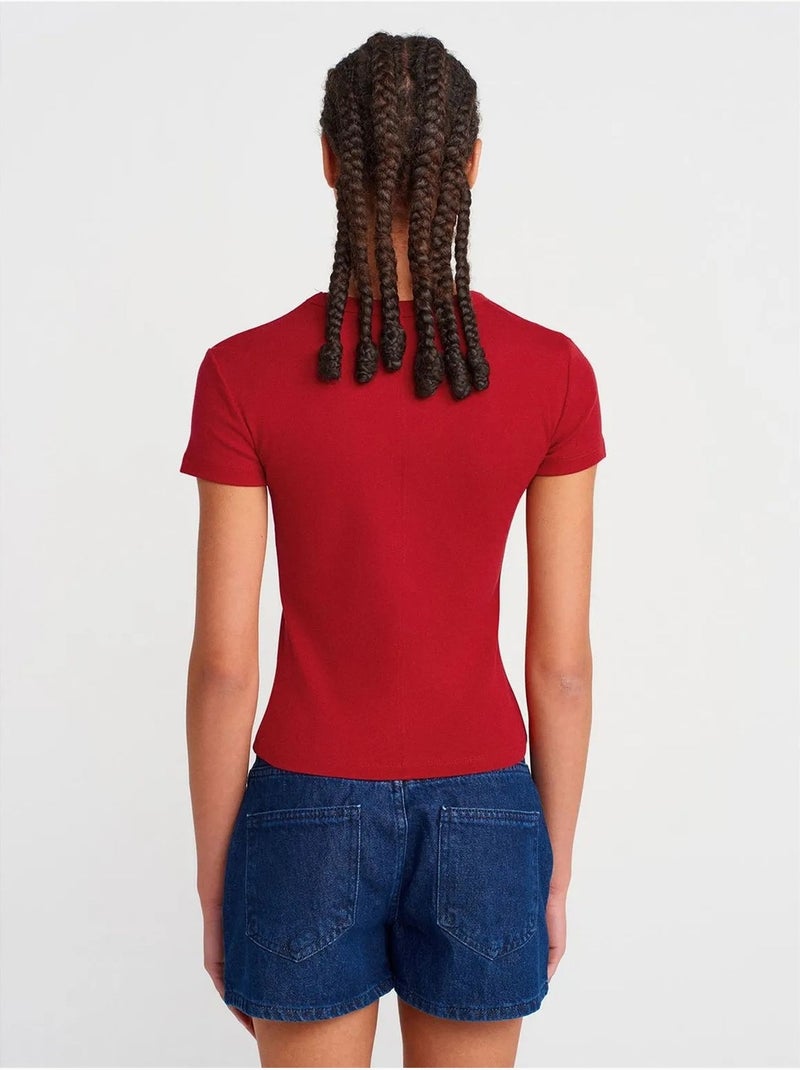 DILVIN T-shirt Ajusté En Coton À Col V Rouge - Kiabi
