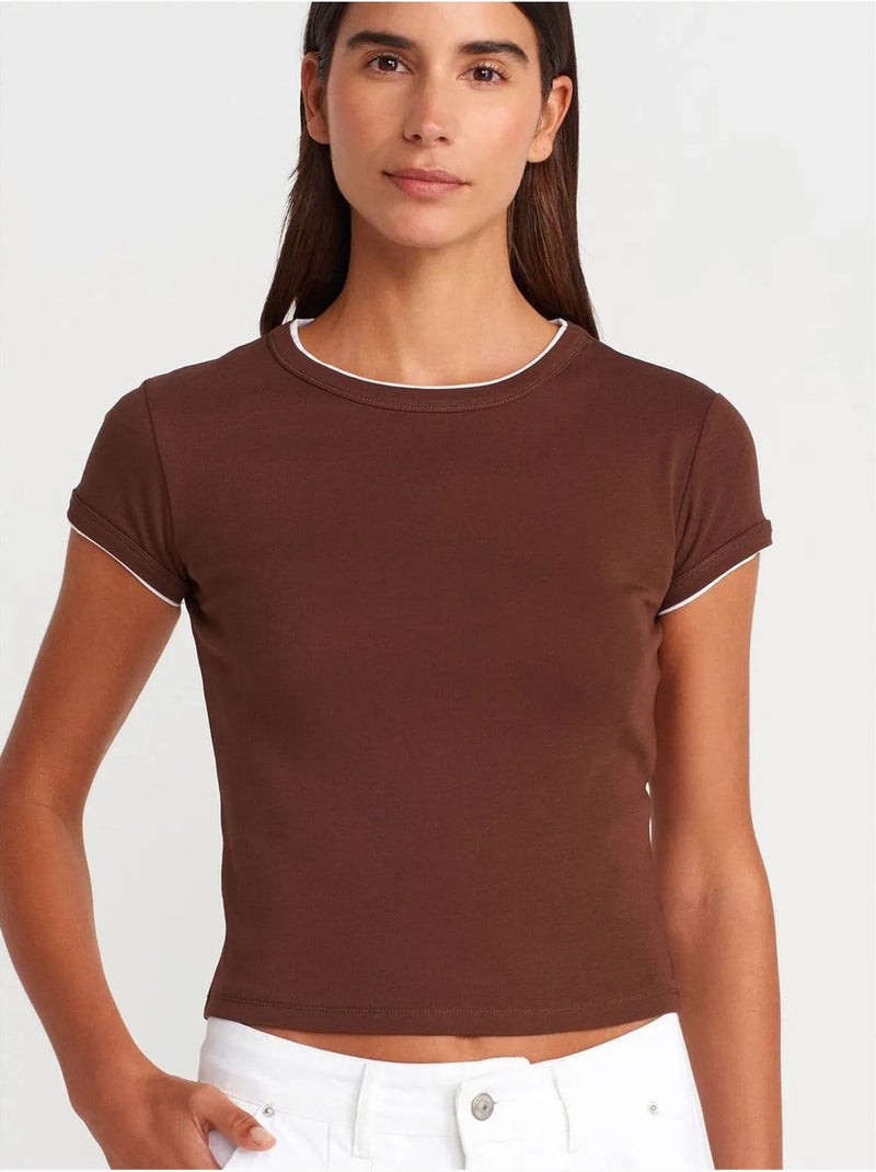 DILVIN T-shirt Court En Coton, Coupe Ajustée, Femme Marron - Kiabi