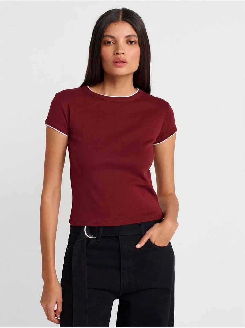 DILVIN T-shirt Court En Coton, Coupe Ajustée, Femme Rouge bordeaux - Kiabi