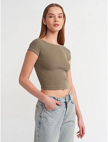 DILVIN T-shirt Court Femme À Col Carré Et Découpe