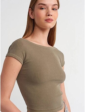 DILVIN T-shirt Court Femme À Col Carré Et Découpe