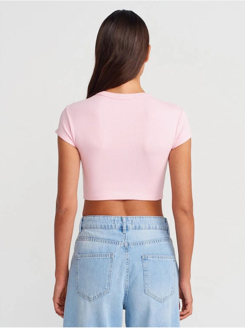 DILVIN T-shirt Court Femme Coupe Ajustée Col Rond Rose dragée - Kiabi