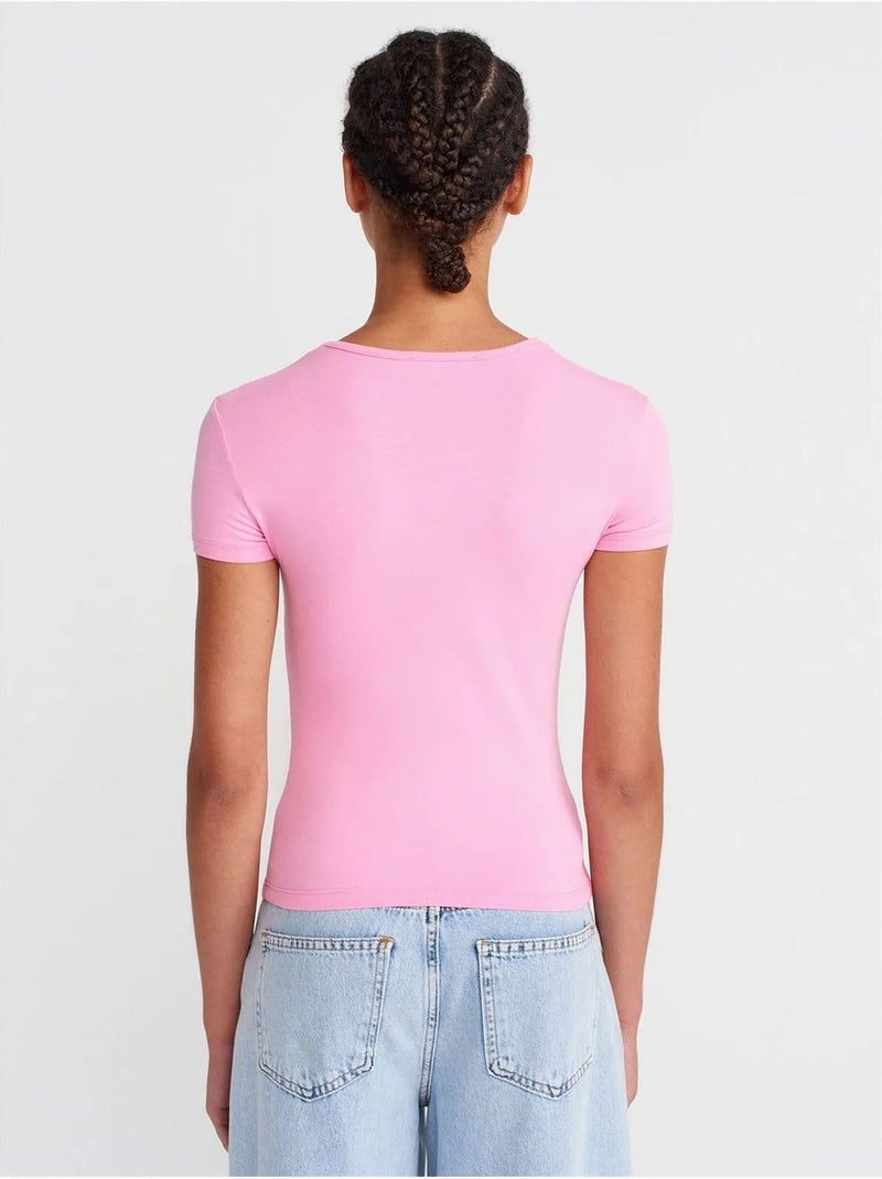 DILVIN T-shirt Court Femme, Coupe Ajustée, Col Rond Rose fluo/Solinotes - Kiabi