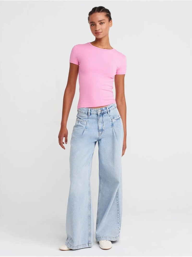 DILVIN T-shirt Court Femme, Coupe Ajustée, Col Rond Rose fluo/Solinotes - Kiabi