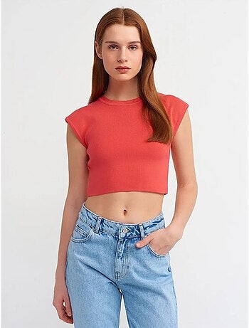 DILVIN T-shirt Court Femme Sans Manches Côtelé