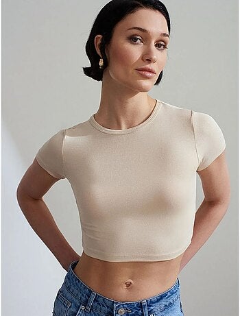 DILVIN T-shirt Crop Femme Coupe Slim À Col Rond