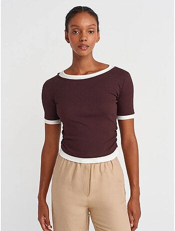 DILVIN T-shirt Crop Femme Coupe Slim À Col Rond