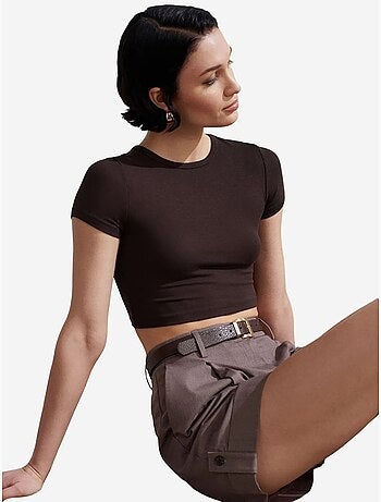 DILVIN T-shirt Crop Femme Coupe Slim À Col Rond