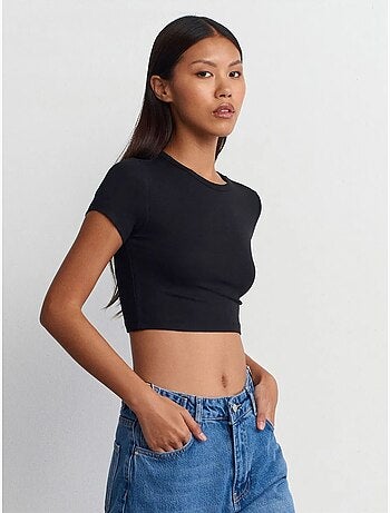 DILVIN T-shirt Crop Femme Coupe Slim À Col Rond