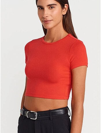 DILVIN T-shirt Crop Femme Coupe Slim À Col Rond